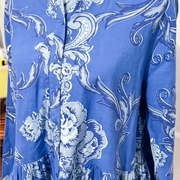 Anthropologie Ro’s Garden Blue Floral Button-Up Blouse Boho Chic Sz L Tunic Top - Picture 2 of 9